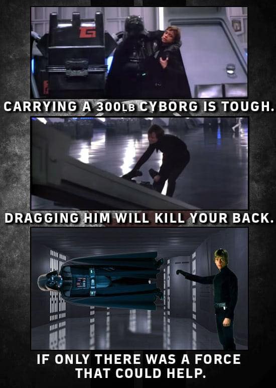 This meme is a humorous take on the iconic Star Wars line "May the Force be with you." It replaces the phrase with "May the cookies be with you," implying that the power of cookies is what's truly needed to overcome the challenges of carrying a heavy load, such as a 300-pound Ewok. The meme is likely to be a funny and relatable take on the struggles of everyday life.